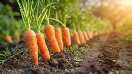 Rows of vibrant organic carrots growing in rich soil, early morning light casting long shadows.