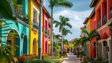 Obraz premium Colorful apartments in American tourist attractions and palm trees