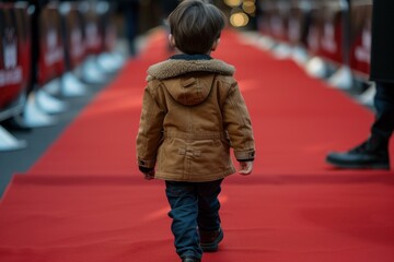 Small toddler in a brown jacket takes steps on a vibrant red carpet, evoking ambition
