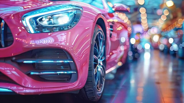 Close-up of a luxury pink car in a car showroom with other cars in the background