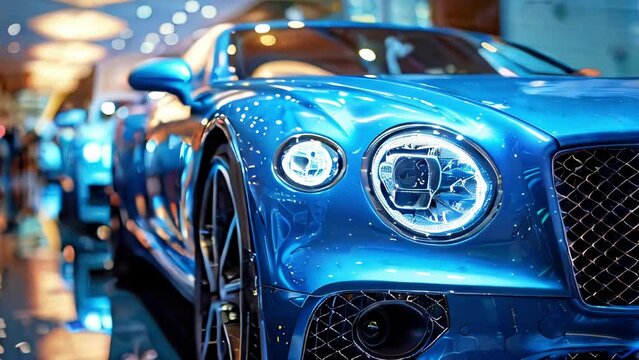 Close-up of a luxury blue car in a car showroom