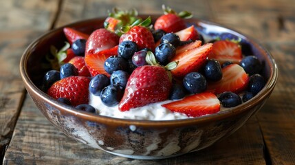 Strawberries and Blueberries Top with Greek yogurt in a bowl. colorful fruit