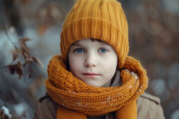 Closeup portrait of a tranquil child with captivating eyes, bundled up in cozy winter clothing