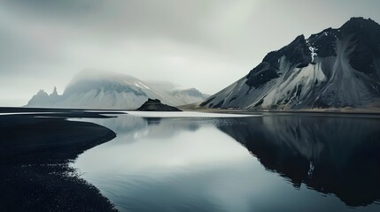 Mountains, water and black sand in Iceland.