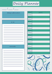 Daily planner in blue and green colors with watercolor illustration. For creating a daily schedule, notes and daily affirmations