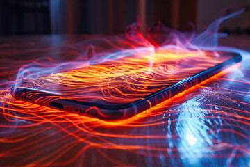 Side view of a modern smartphone lying on a table with motion wallpaper on the screen, in bright rays of light. Generated by artificial intelligence