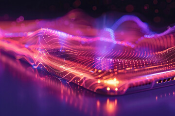 Close-up of a smartphone emitting electromagnetic waves. Smartphone screen with neon glow. Generated by artificial intelligence