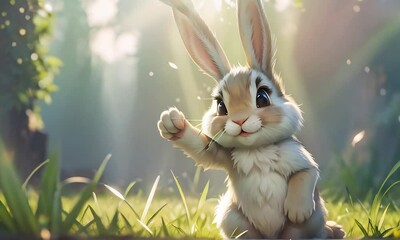 Cute cartoon bunny smiles and waves his paw as a sign of greeting or farewell. A hare in a forest clearing with its paw raised up in the rays of the sun.