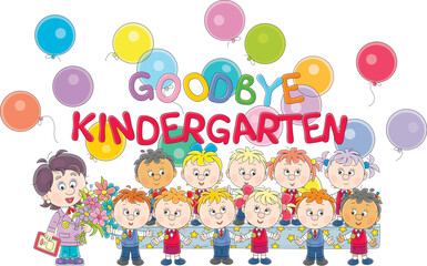 Goodbye kindergarten card with a happy nursery teacher holding colorful flowers and cute little boys and girls graduates releasing holiday balloons at graduation ceremony, vector cartoon illustration