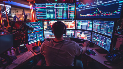 Obraz premium Traders working at their desks with multiple monitors showing market data