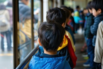 Back view of young students in a queue, waiting to enter school, showcasing diversity and education