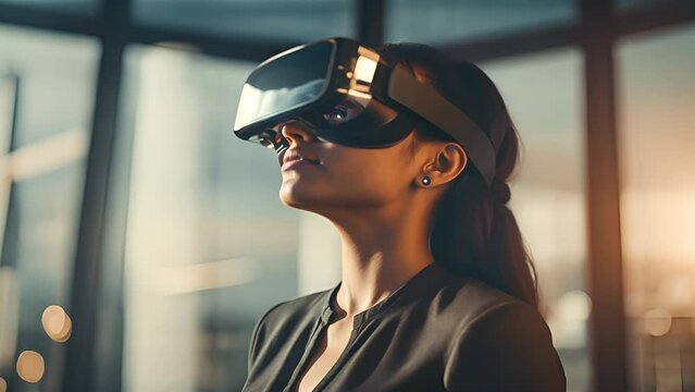 A woman in futuristic attire wearing VR glasses, immersed in realistic virtual reality experience. Woman wearing smart glasses futuristic technology digital. Futuristic technology concept	