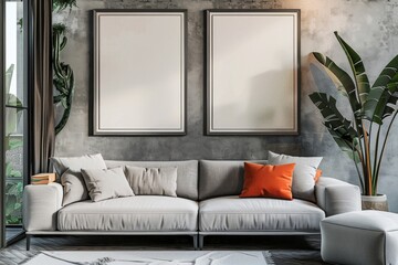 Modern minimalistic living room in a mix of bohemian, scandinavian, nordic and baroque style. Mockup with a wall frame poster background. Interior design inspiration for a magazine, decoration