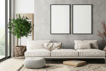 Modern minimalistic living room in a mix of bohemian, scandinavian, nordic and baroque style. Mockup with a wall frame poster background. Interior design inspiration for a magazine, decoration