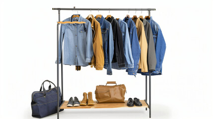 Rack with jeans t-shirt and bag on white background --