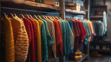 Obraz premium Collection of shirts. Boutique. Sweaters on hangers in the wooden rack of a wardrobe.