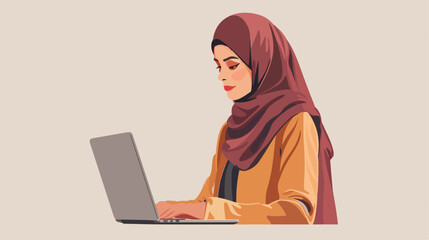 Portrait of Muslim woman with laptop on light background