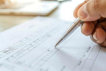 a hand holding a pen and checking boxes on a survey form, evoking a sense of productivity and decision-making