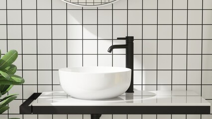 Close up of white bathroom vanity counter, washbasin, black faucet, mirror in sunlight on square...