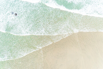 aerial overhead view with drone of the foamy waves in the shore of a beach at low tide. Summer image concept
