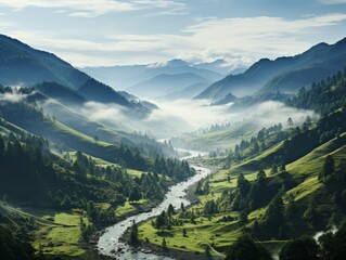 The high mountains and hills are covered with green meadows and coniferous forest, through which a wide river flows.