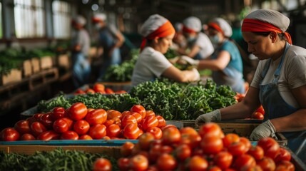Workers preparing organic vegetables for export in a processing facility