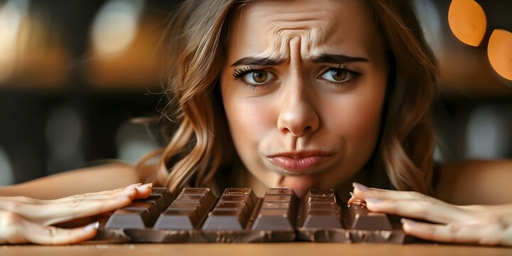 Woman looking sad while resisting temptation to eat a chocolate bar. Concept Emotion, Temptation, Food, Diet, Willpower