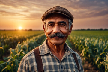 Portrait of old handsome man farmer with mustache in agricultural field at sunset, smile looking at camera. Rural worker smiling pleasant on countryside field. Good harvest concept. Copy ad text space