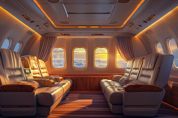 Fototapeta premium Airplane luxury cabin interior with empty comfortable seats in business class with windows. Air transport. Generated by artificial intelligence
