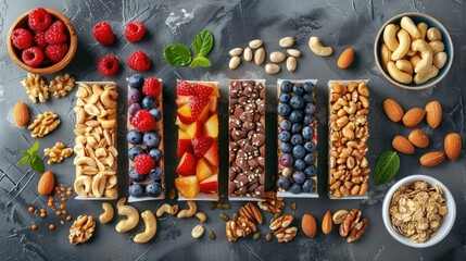 Healthy Snack Bar Assortment with Variety of Nuts Fruits and Seeds for Energizing Boosts