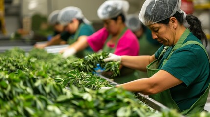 Workers sorting through cannabis buds in a processing area