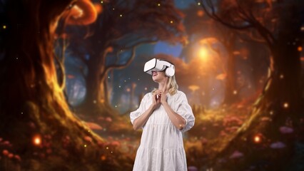 Excited woman turning body through VR wonderland wooden bridge metavers in fairytale mushroom...