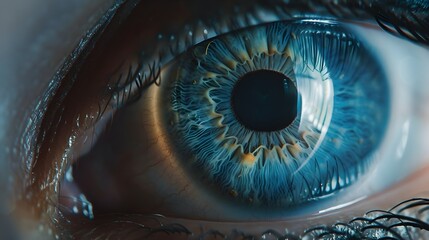 Close-up of blue human eye with intricate iris patterns