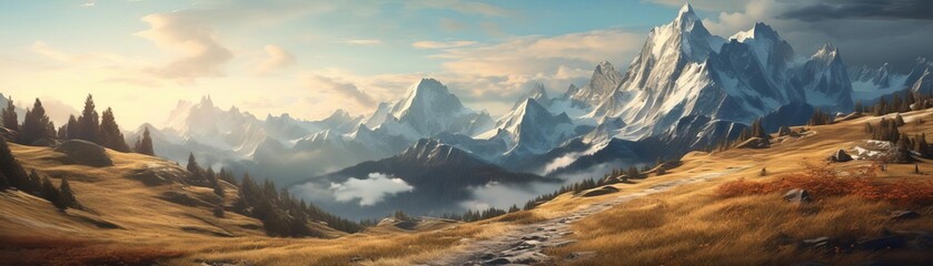 a beautiful landscape painting of a mountain range in the distance with a valley in the foreground. The sky is blue and cloudy and the sun is shining.