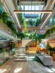 Bright and modern coworking space with greenery