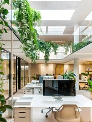 Bright and modern coworking space with greenery
