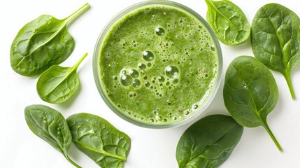 Obraz premium Healthy Green Spinach Smoothie Fresh spinach leaves in green juice on a white background