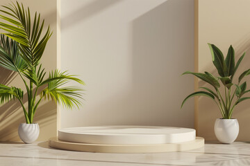 Round two-stage podium mock up for product presentation with potted houseplants on the sides