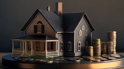 House Model and Money Coins for Savings and Investment Concept