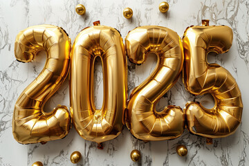 Shiny Gold Balloons Forming 2025 with Marble Background.