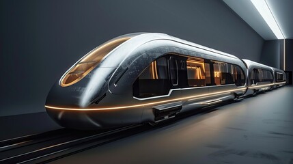 Fototapeta premium Sleek silver futuristic train at a minimalist station with ambient lighting