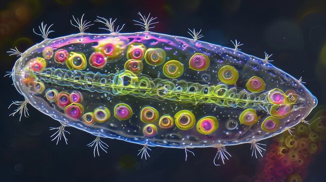 Show the cilia covered surface of paramecium emphasizing its oval shape and movement