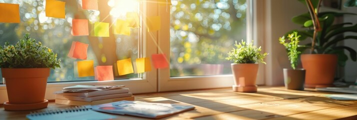 Colorful Bulletin Board in Sunny Kitchen Workspace Inspiring Daily Healthy Habits and Productivity