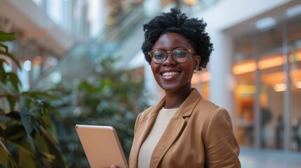 Business woman holding digital tablet smiling 