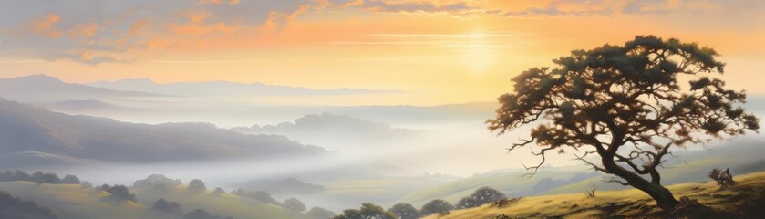 Obraz premium a beautiful landscape with a large tree in the foreground and a mountain range in the distance. The sky is a gradient of orange and yellow.