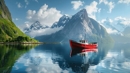 A boat in the water with a mountain in the background  