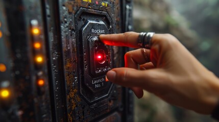 A finger lingers above the launch button, denoting a moment of decision before the strategic release of a combat rocket.