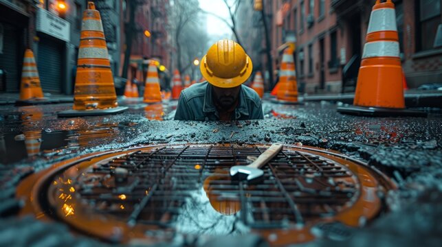 Preventive maintenance in action as a city worker fixes a sewer manhole, ensuring the seamless functioning of the drainage system.