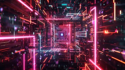 Obraz premium Abstract geometric, dinamic background with shapes and neon lines glowing in ultraviolet light. Generative AI