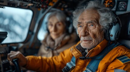 In the intimate setting of their private airplane, an elderly couple enjoy the freedom of flight, earmarked by their headsets, and endless sky.